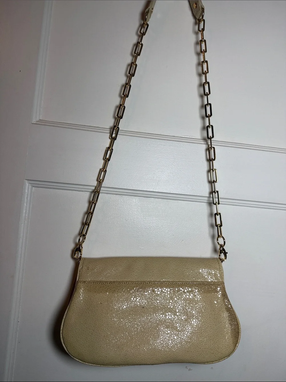 Tory Burch Reva Beige Pebble Leather Logo Shoulder Bag with Gold Hardware